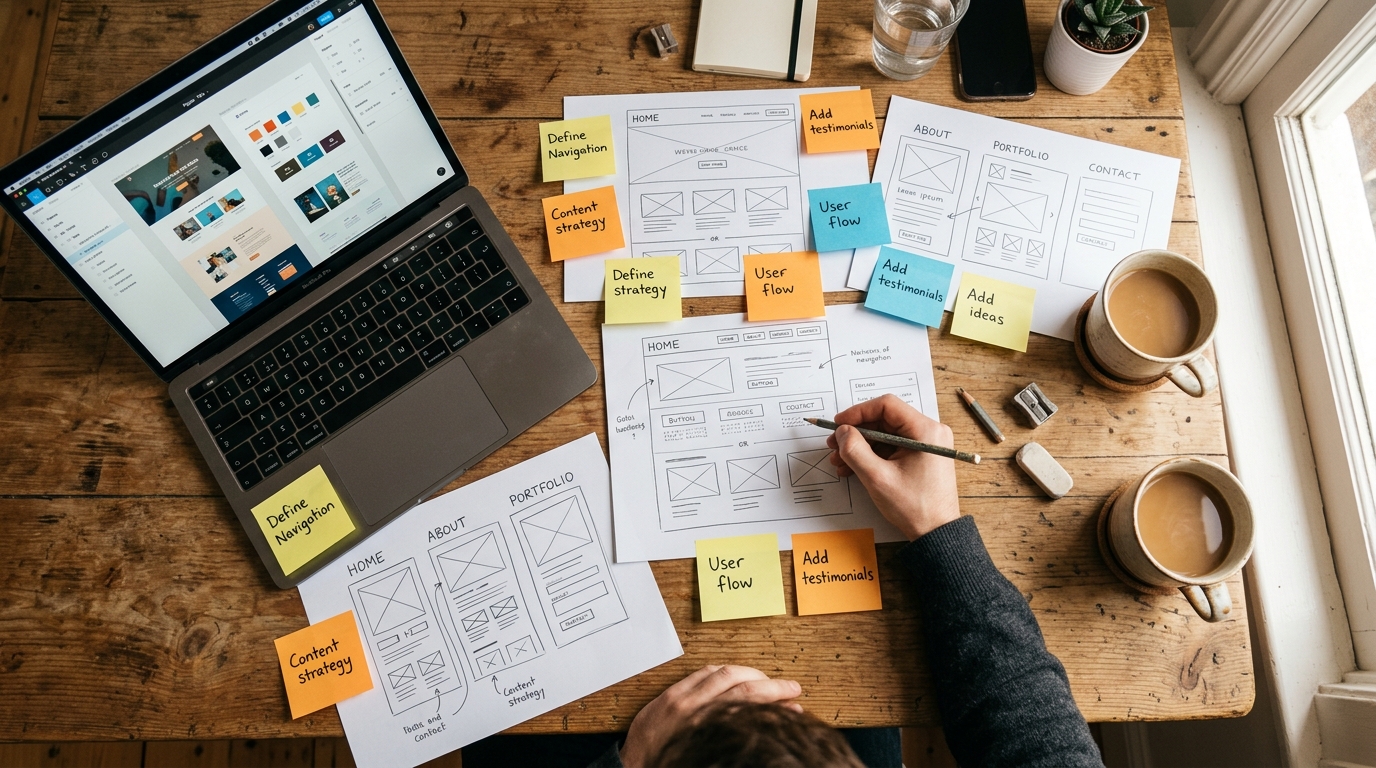 Planning a website project with page wireframes on paper