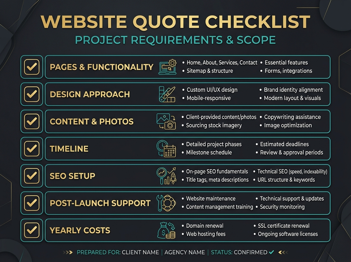 Checklist of items a website quote should include
