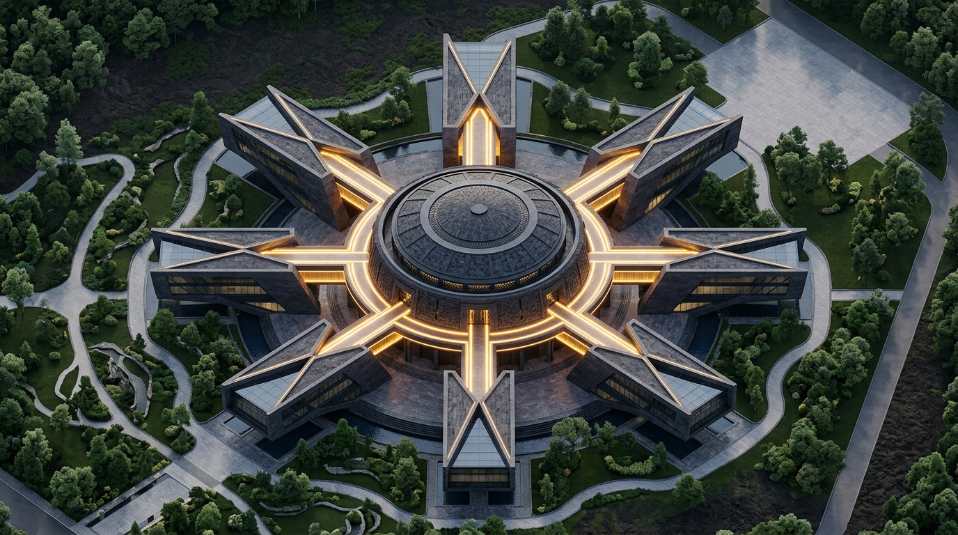 Central architectural nucleus connected to eight harmonic disciplines